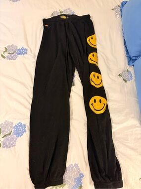 Aviator Nation Black Sweatpants with Yellow Smiley Faces